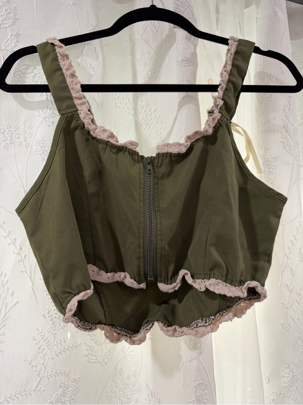 Olive Green Lace-Trim Zip Front Crop Top